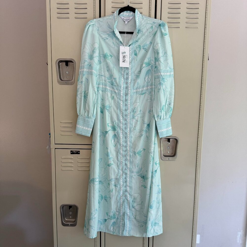 Raishma Studi NWT Light Blue Midi Floral Long Sleeve Dress UK 6/US 2 XS
